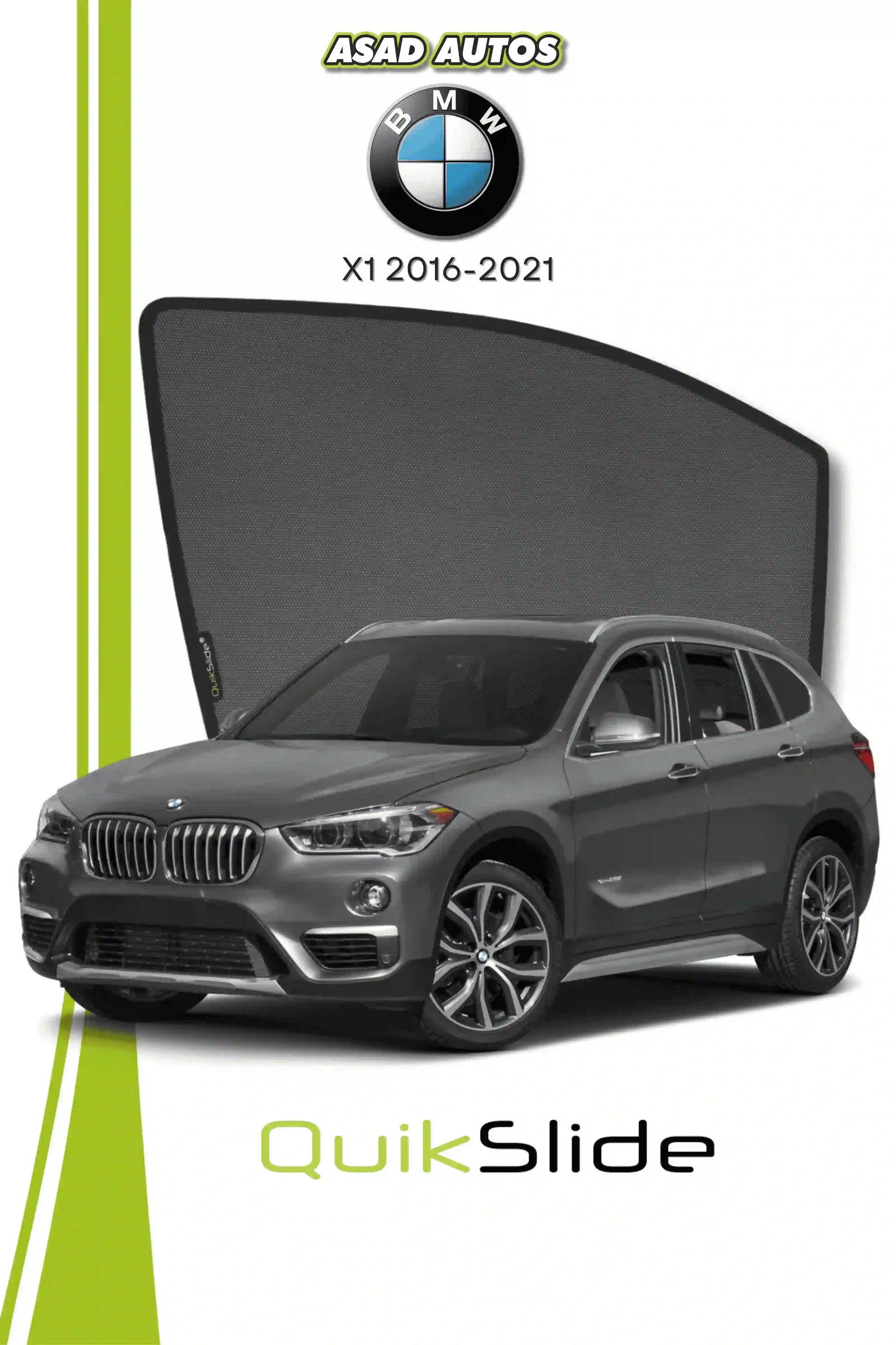QS QuikSlide custom fit window sun shades installed on BMW X1 2016-2021 crossover side window