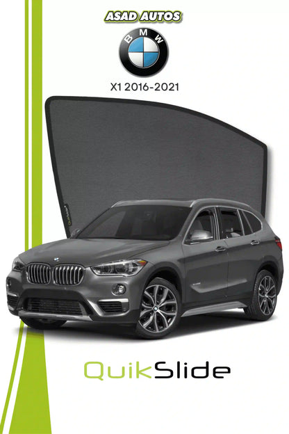 QS QuikSlide custom fit window sun shades installed on BMW X1 2016-2021 crossover side window