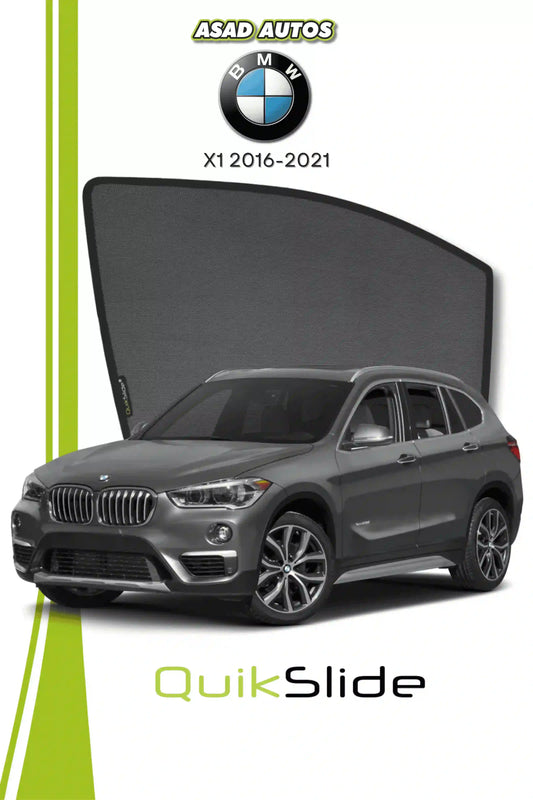 QS QuikSlide custom fit window sun shades installed on BMW X1 2016-2021 crossover side window