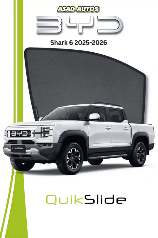 QS QuikSlide custom fit mesh sun shades installed on BYD Shark 6 2025-2026 side window