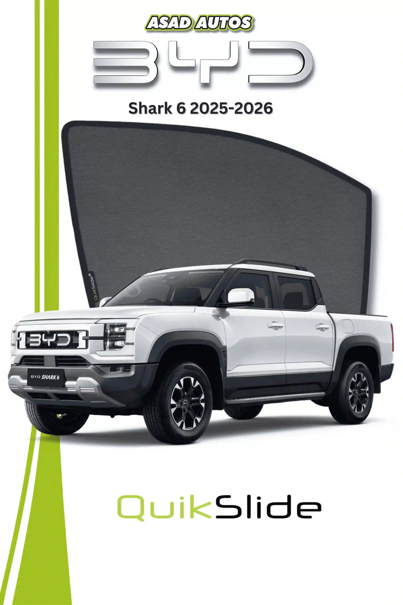 QS QuikSlide custom fit mesh sun shades installed on BYD Shark 6 2025-2026 side window