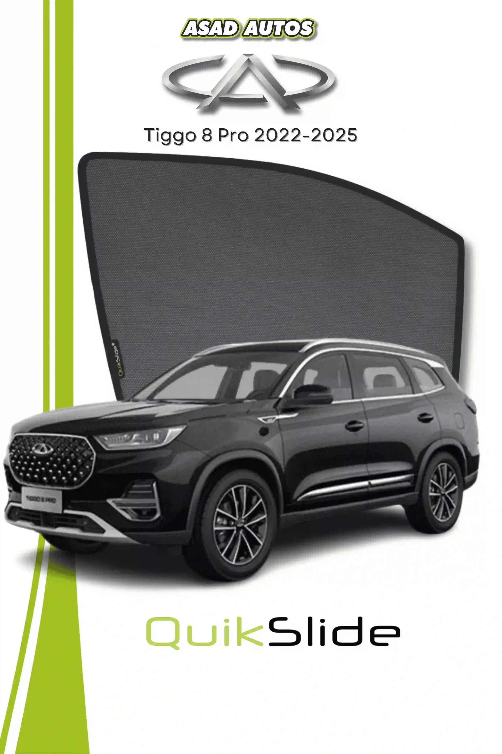 QS QuikSlide custom fit window sun shades installed on Chery Tiggo 8 Pro 2022-2024 SUV side window