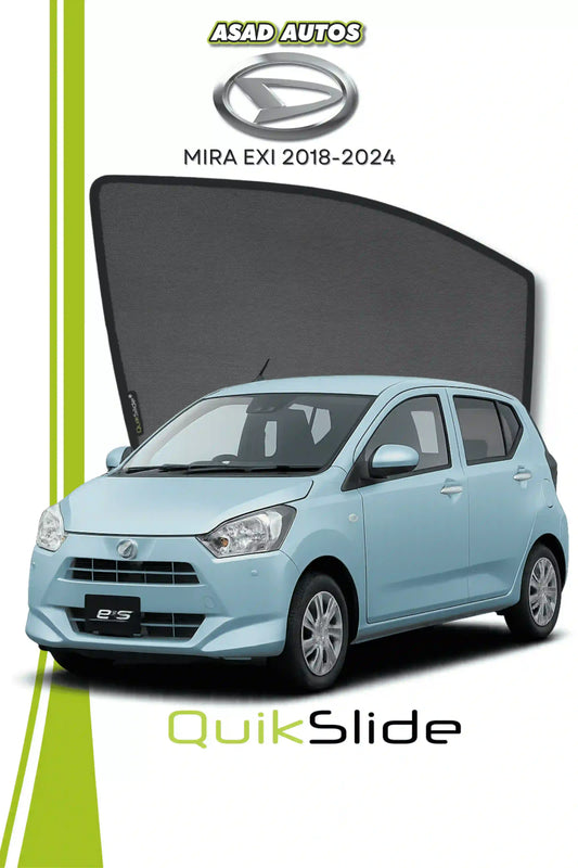 QS QuikSlide custom fit window sun shades installed on Daihatsu Mira EXI 2018-2024 hatchback side window