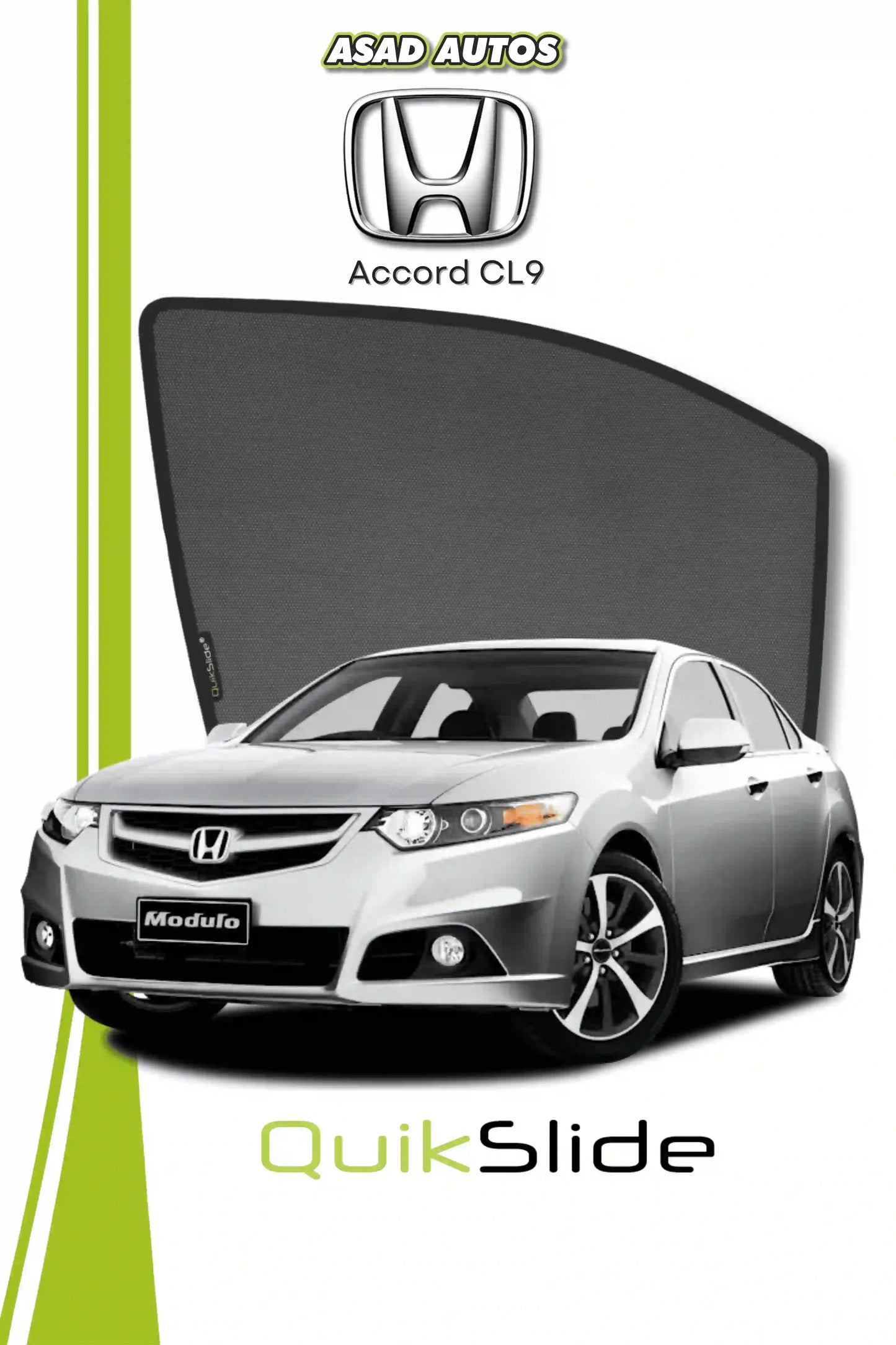 QS QuikSlide custom fit window sun shades installed on Honda Accord CL9 VIP sedan side window