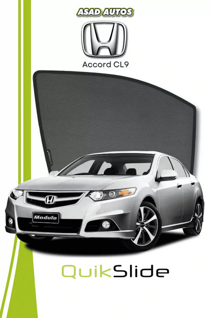 QS QuikSlide custom fit window sun shades installed on Honda Accord CL9 VIP sedan side window