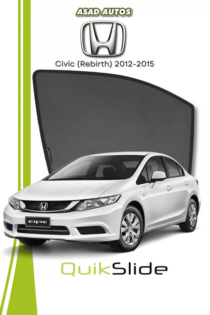 QS QuikSlide custom fit window sun shades installed on Honda Civic Rebirth 2012-2015 sedan side window