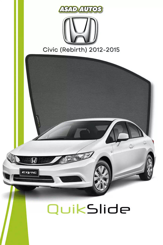 QS QuikSlide custom fit window sun shades installed on Honda Civic Rebirth 2012-2015 sedan side window