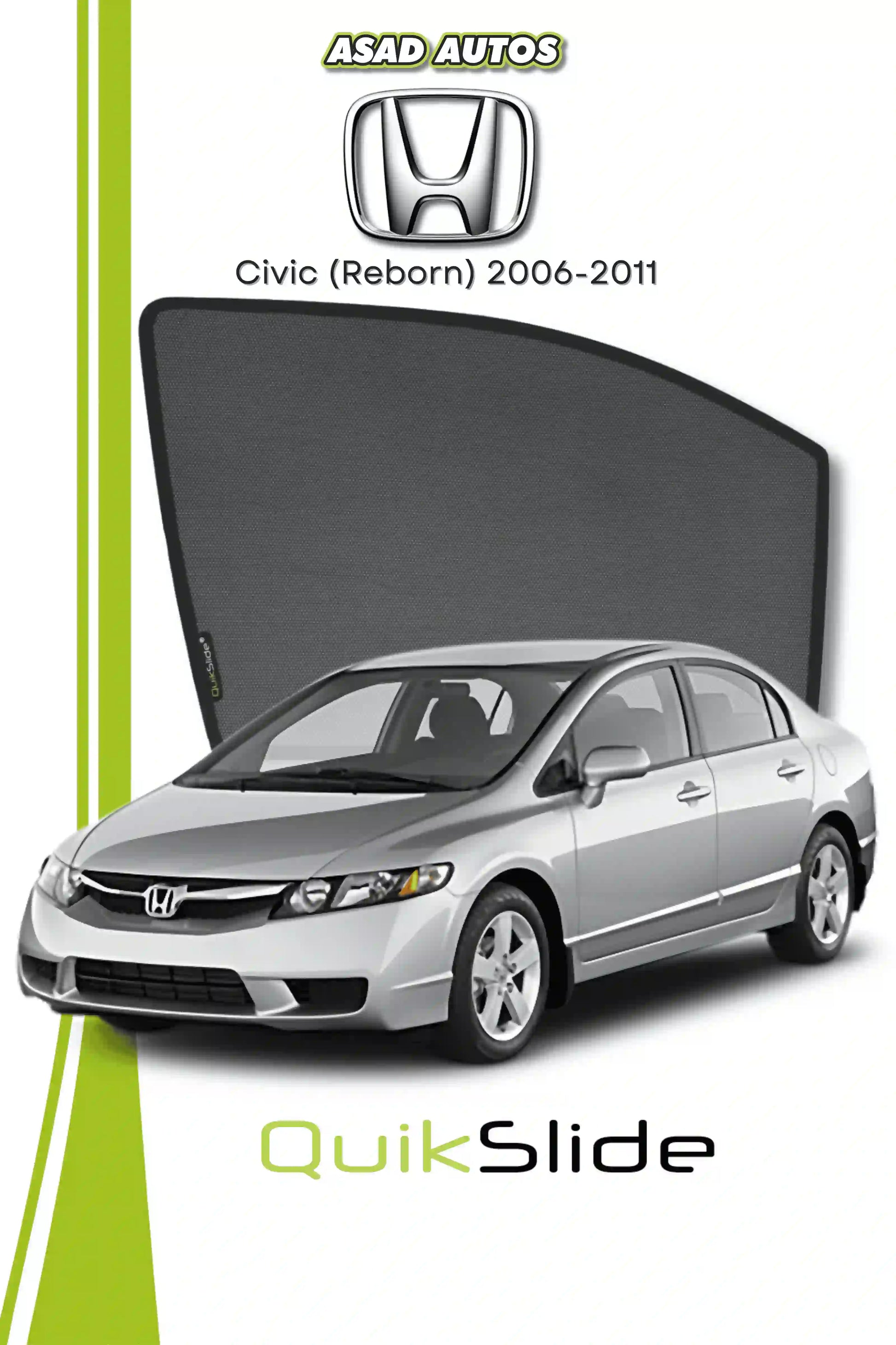 QS QuikSlide custom fit window sun shades installed on Honda Civic Reborn 2006-2011 sedan side window