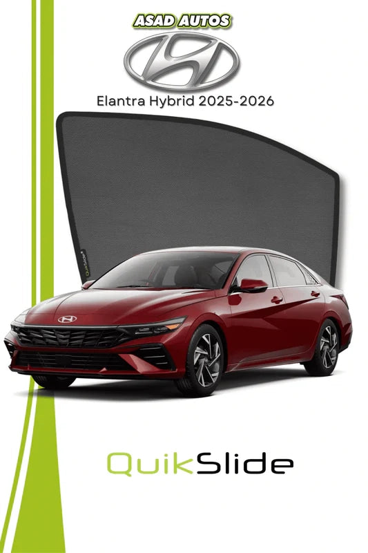 QS QuikSlide custom fit window sun shades installed on Hyundai Elantra Hybrid 2025-2026 side window