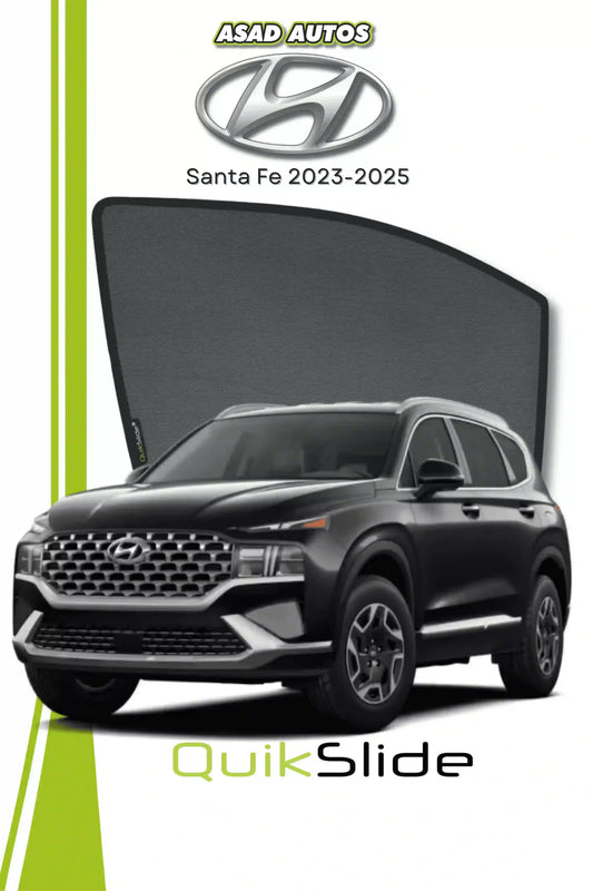 QS QuikSlide custom fit window sun shades installed on Hyundai Santa Fe 2023-2026 SUV side window