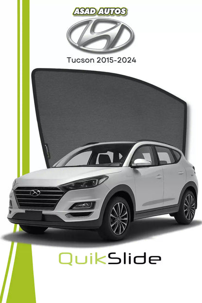QS QuikSlide custom fit window sun shades installed on Hyundai Tucson 2015-2024 crossover side window