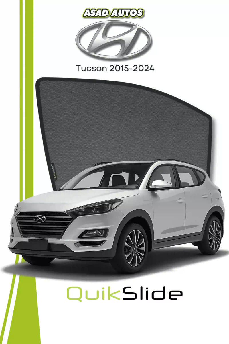 QS QuikSlide custom fit window sun shades installed on Hyundai Tucson 2015-2024 crossover side window