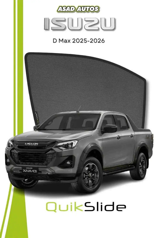 QS QuikSlide custom fit mesh sun shades installed on Isuzu D-Max 2025-2026 pickup side window