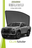 QS QuikSlide custom fit mesh sun shades installed on Isuzu D-Max 2025-2026 pickup side window