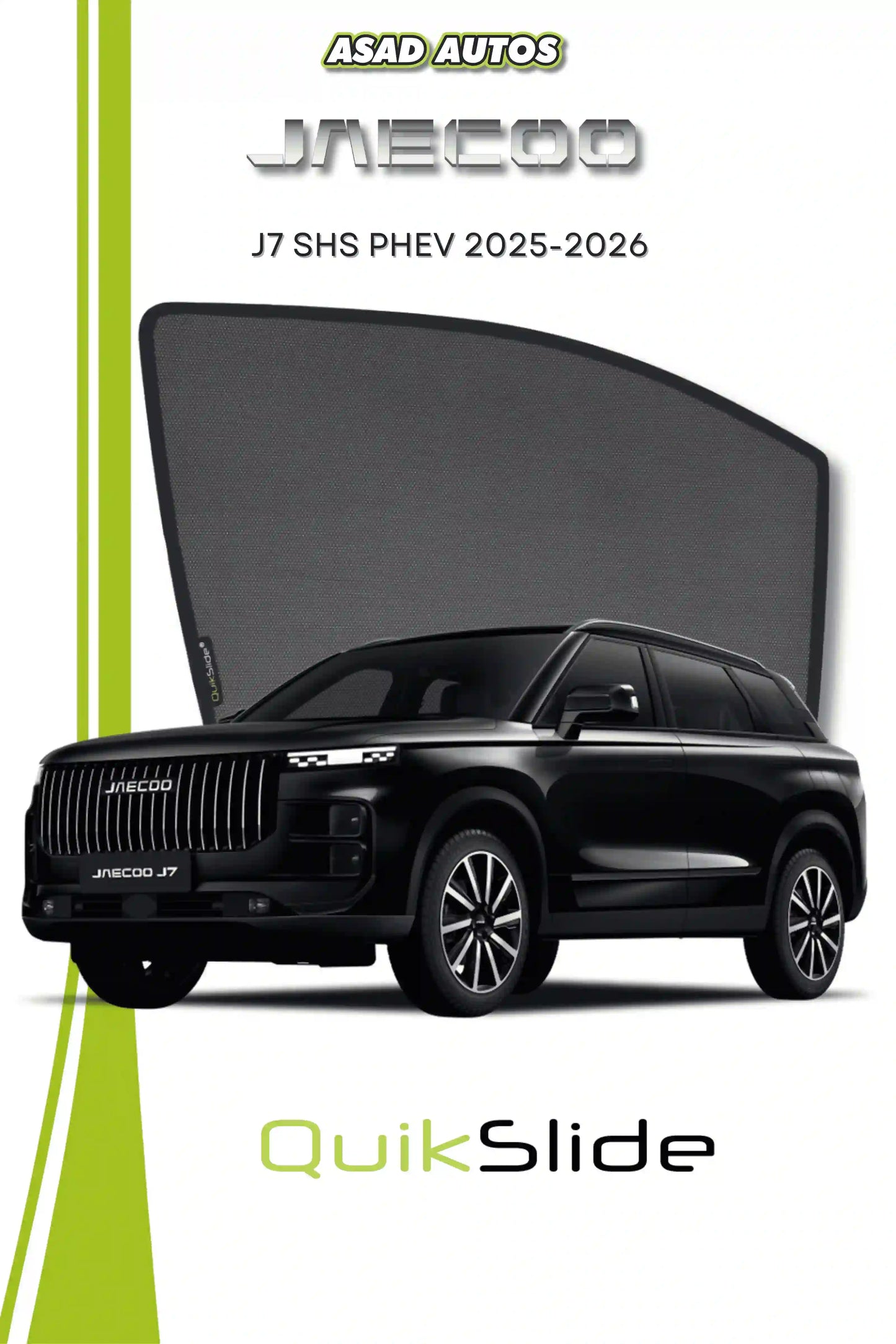 QS QuikSlide custom fit magnetic sun shades installed on JAECOO J7 SHS PHEV 2025-2026 side window