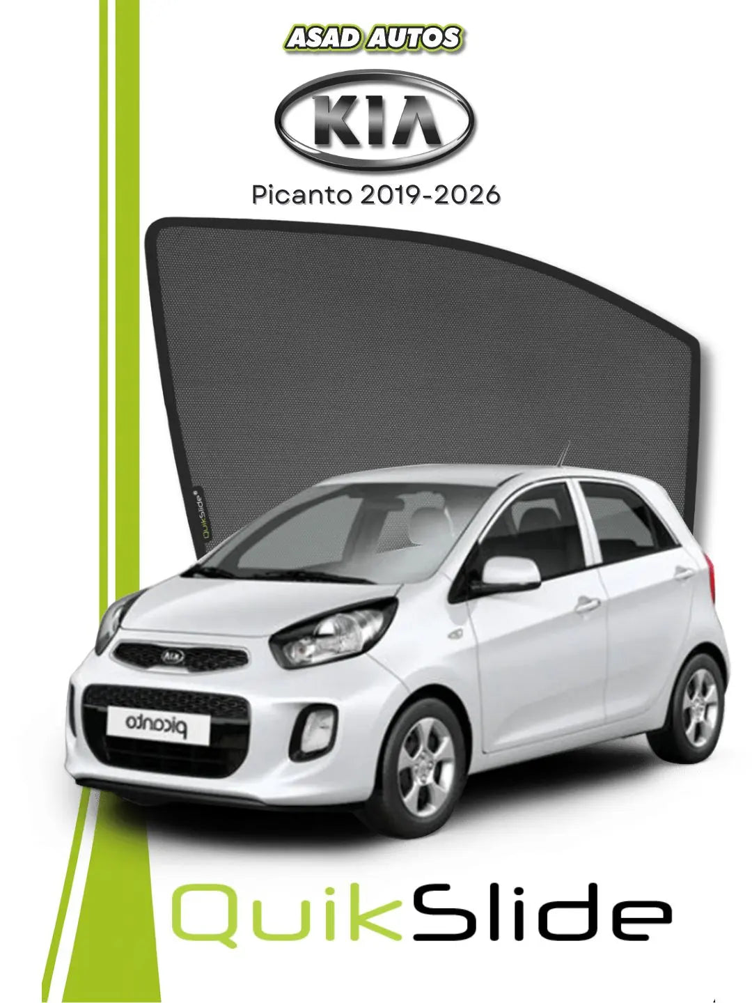 QS QuikSlide custom fit window sun shades installed on Kia Picanto 2019-2026 hatchback side window