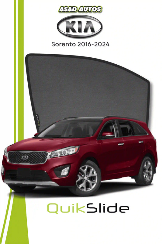 QS QuikSlide custom fit window sun shades installed on Kia Sorento 2016-2024 SUV side window
