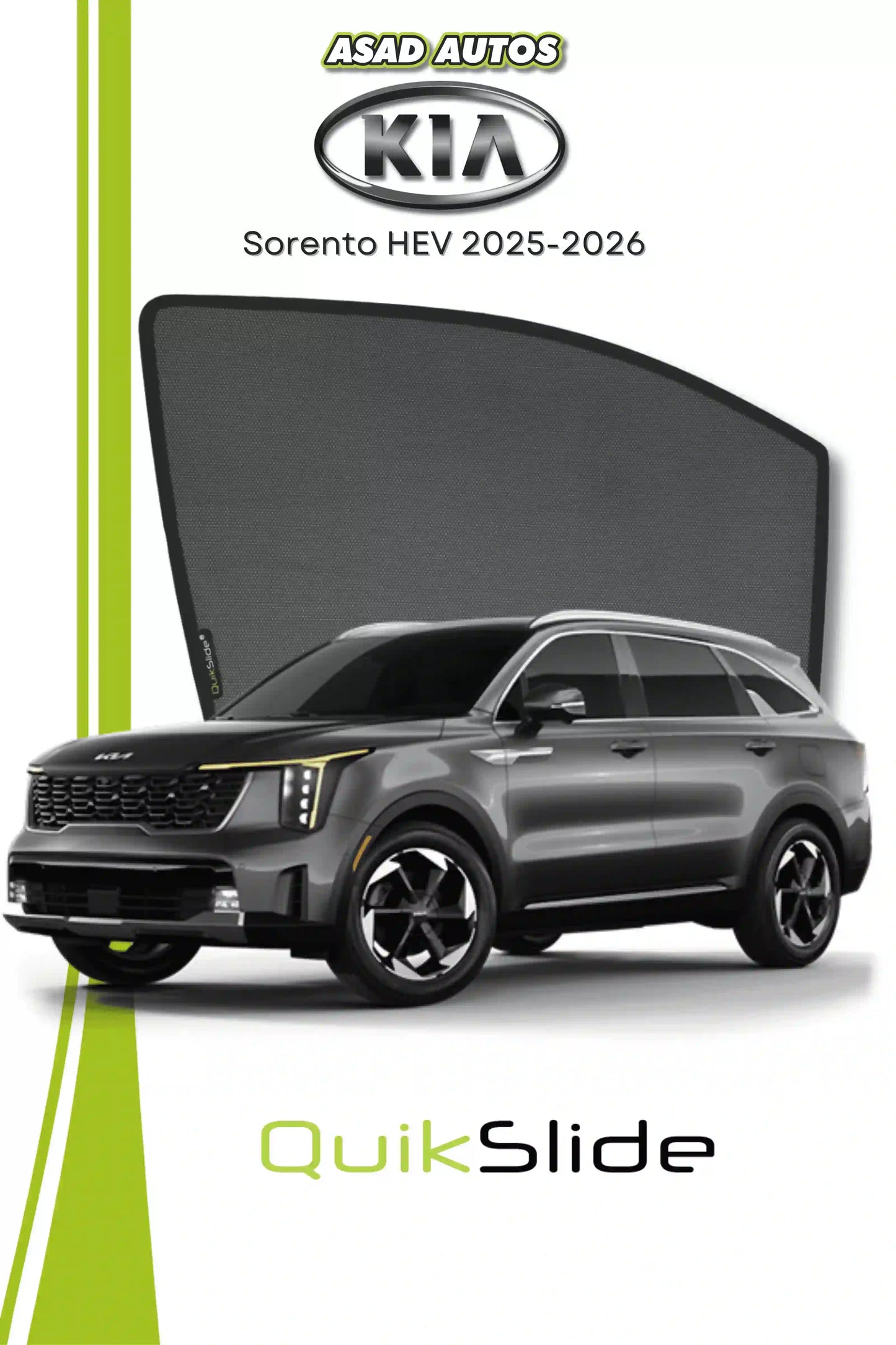QS QuikSlide custom fit window sun shades installed on Kia Sorento HEV 2025-2026 side window
