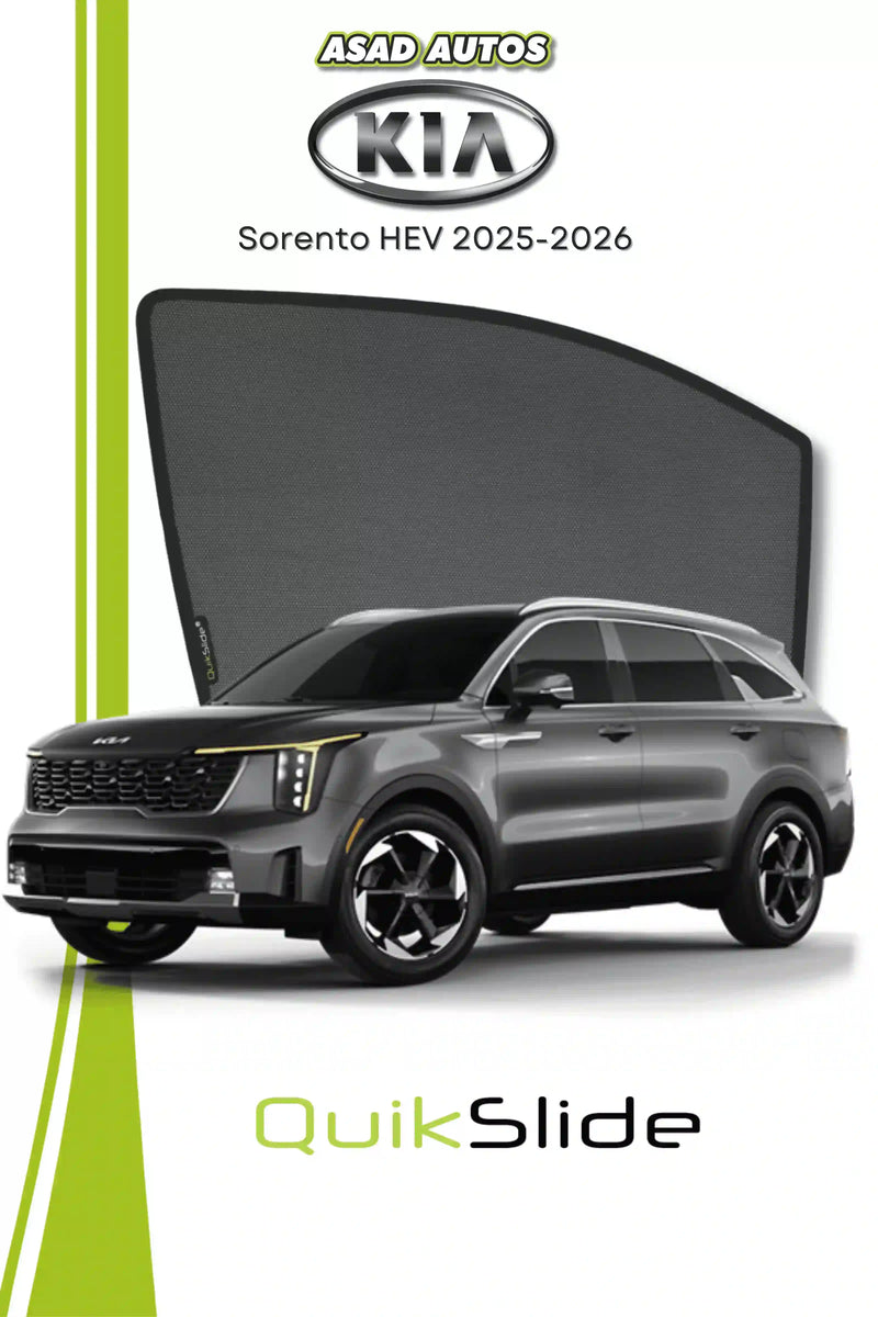 QS QuikSlide custom fit window sun shades installed on Kia Sorento HEV 2025-2026 side window