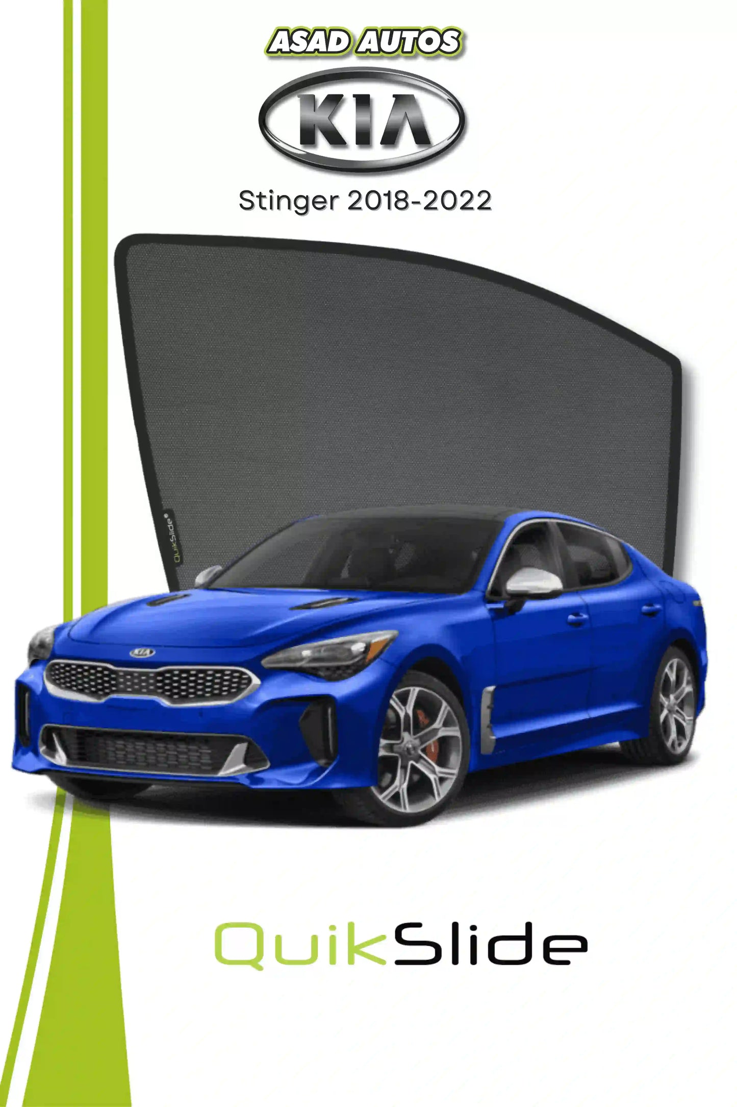 QS QuikSlide custom fit window sun shades installed on Kia Stinger 2018-2022 sedan side window
