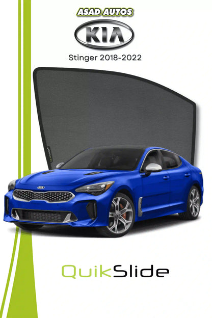QS QuikSlide custom fit window sun shades installed on Kia Stinger 2018-2022 sedan side window