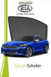 QS QuikSlide custom fit window sun shades installed on Kia Stinger 2018-2022 sedan side window