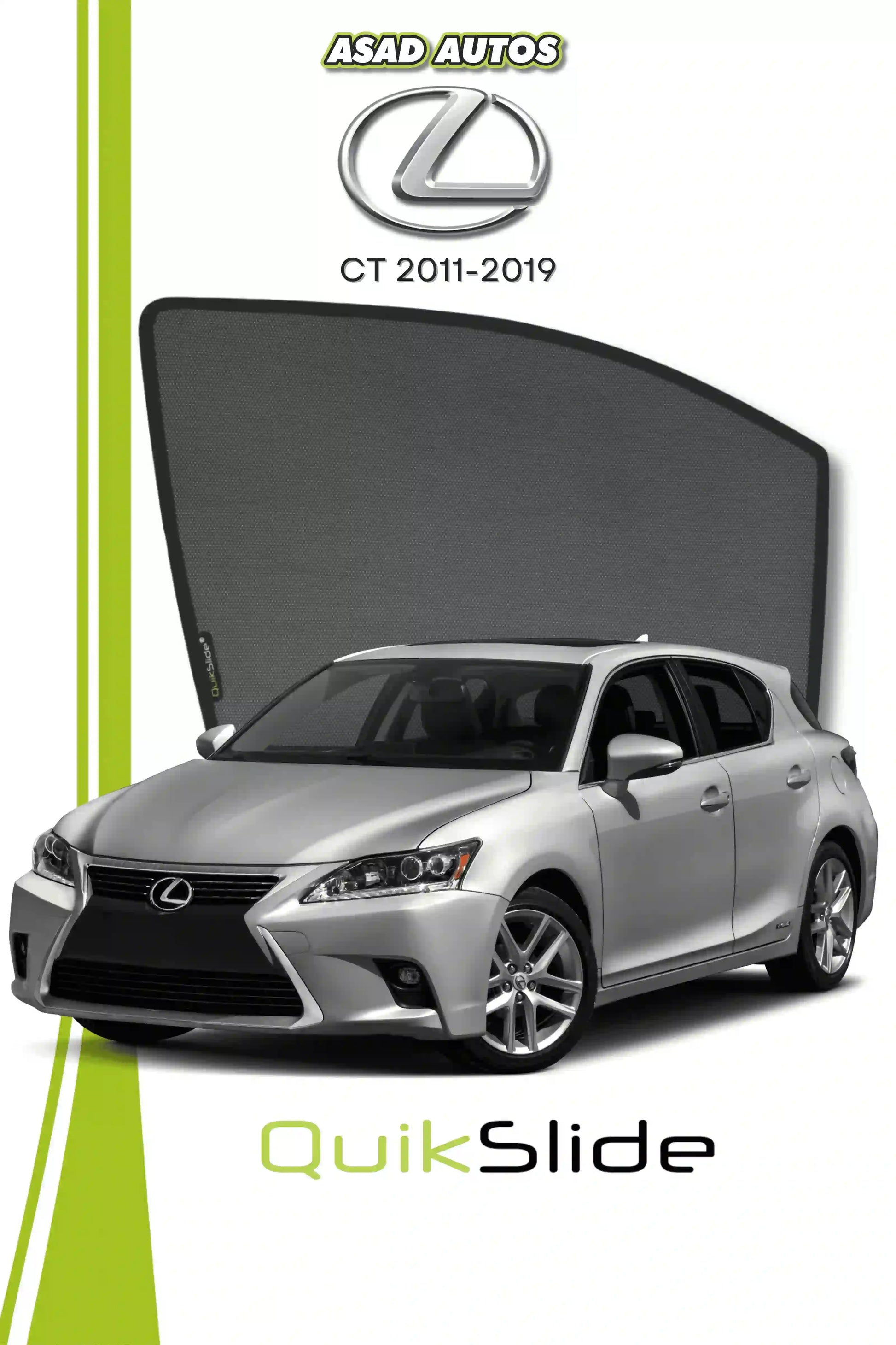 QS QuikSlide custom fit window sun shades installed on Lexus CT 2011-2019 hatchback side window
