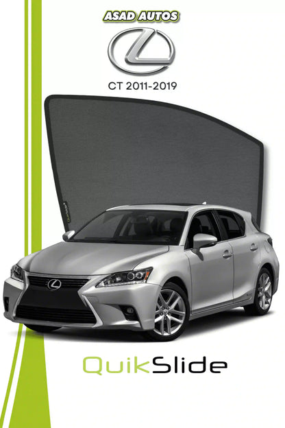 QS QuikSlide custom fit window sun shades installed on Lexus CT 2011-2019 hatchback side window