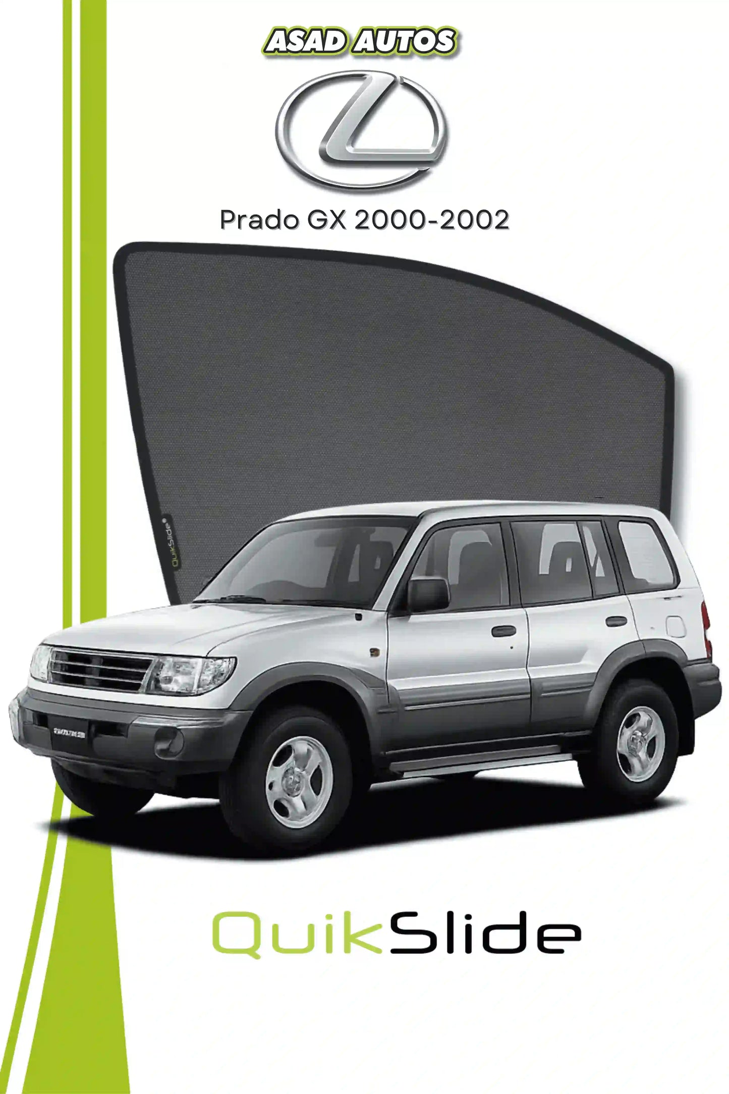 QS QuikSlide custom fit window sun shades installed on Lexus Prado GX 2000-2002 SUV side window