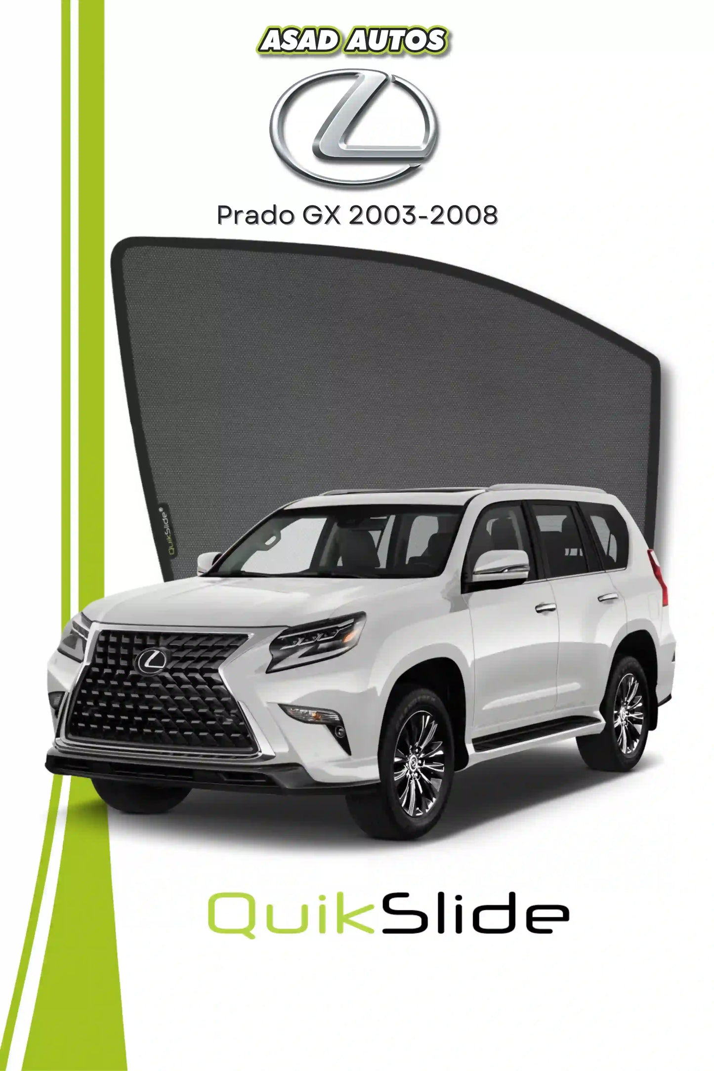 QS QuikSlide custom fit window sun shades installed on Lexus Prado GX 2003-2008 SUV side window