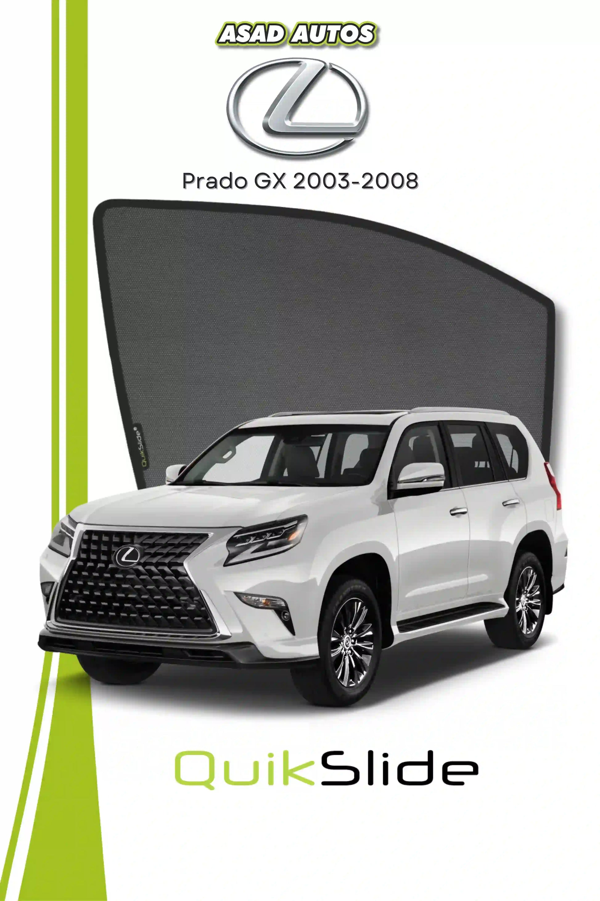 QS QuikSlide custom fit window sun shades installed on Lexus Prado GX 2003-2008 SUV side window