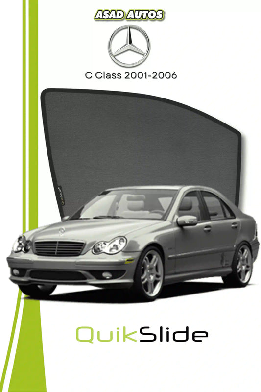 QS QuikSlide custom fit window sun shades installed on Mercedes C-Class 2001-2006 sedan side window