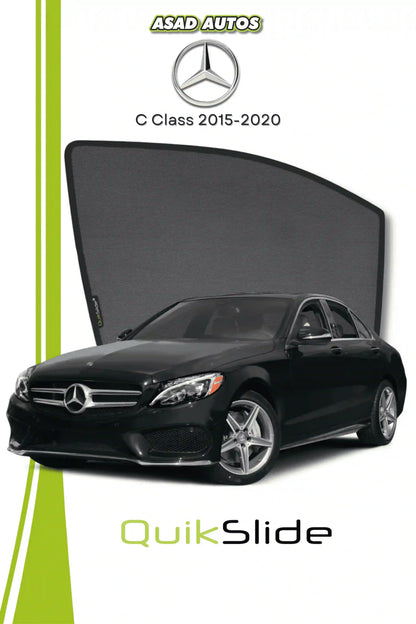 QS QuikSlide custom fit window sun shades installed on Mercedes C-Class 2015-2020 sedan side window