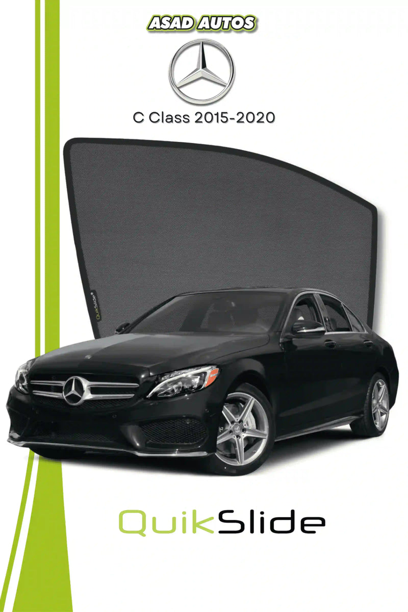 QS QuikSlide custom fit window sun shades installed on Mercedes C-Class 2015-2020 sedan side window