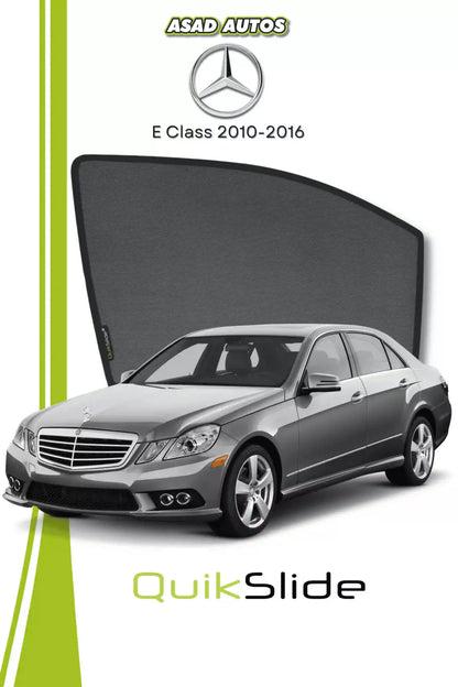 QS QuikSlide custom fit window sun shades installed on Mercedes E-Class 2010-2016 sedan side window