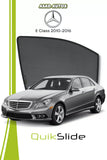 QS QuikSlide custom fit window sun shades installed on Mercedes E-Class 2010-2016 sedan side window