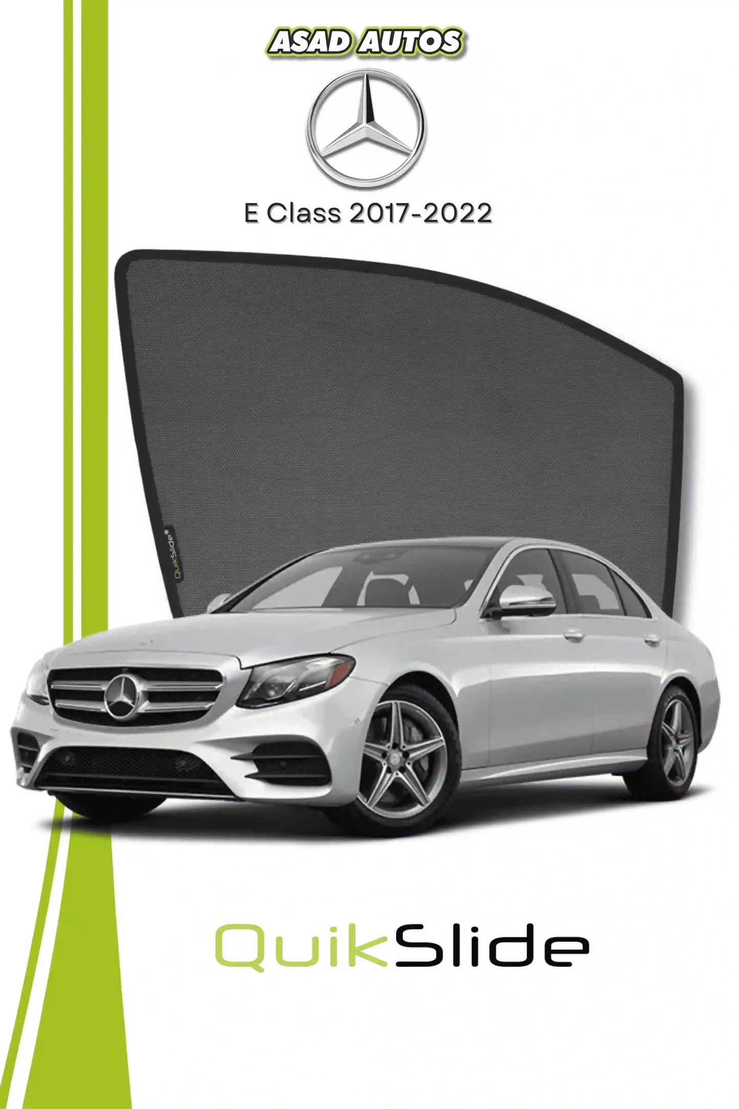 QS QuikSlide custom fit window sun shades installed on Mercedes E-Class 2017-2022 sedan side window