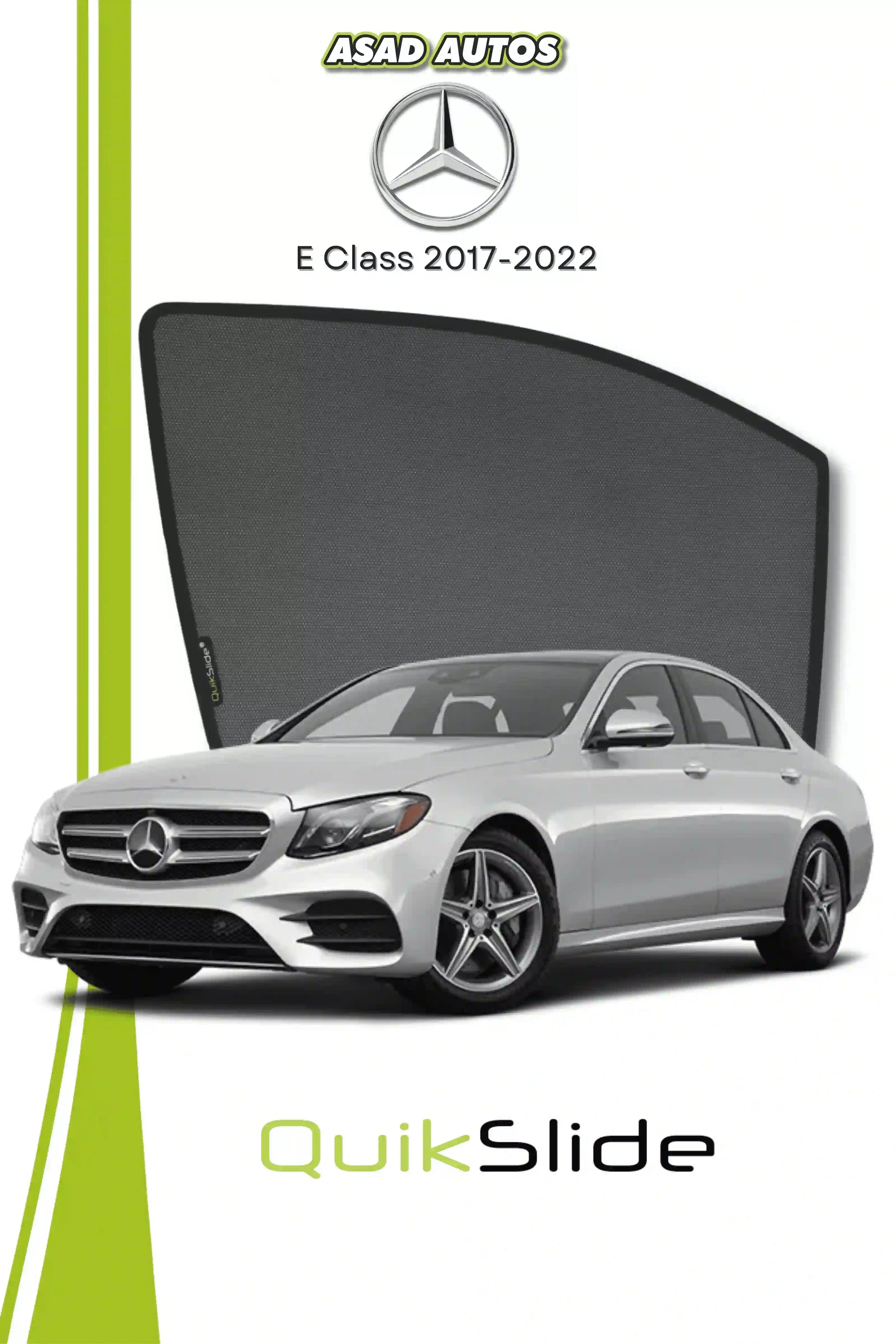QS QuikSlide custom fit window sun shades installed on Mercedes E-Class 2017-2022 sedan side window