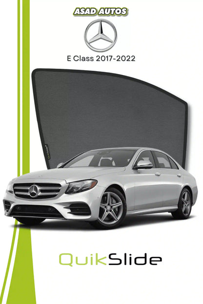 QS QuikSlide custom fit window sun shades installed on Mercedes E-Class 2017-2022 sedan side window