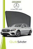 QS QuikSlide custom fit window sun shades installed on Mercedes E-Class 2017-2022 sedan side window