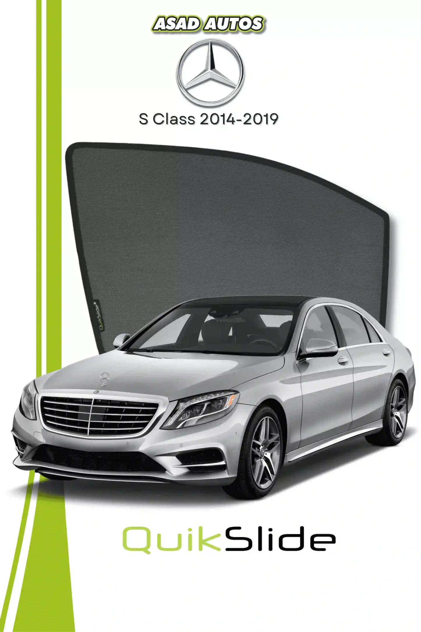 QS QuikSlide custom fit window sun shades installed on Mercedes S-Class 2014-2019 sedan side window