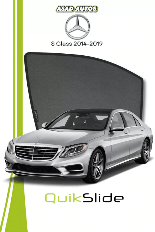 QS QuikSlide custom fit window sun shades installed on Mercedes S-Class 2014-2019 sedan side window