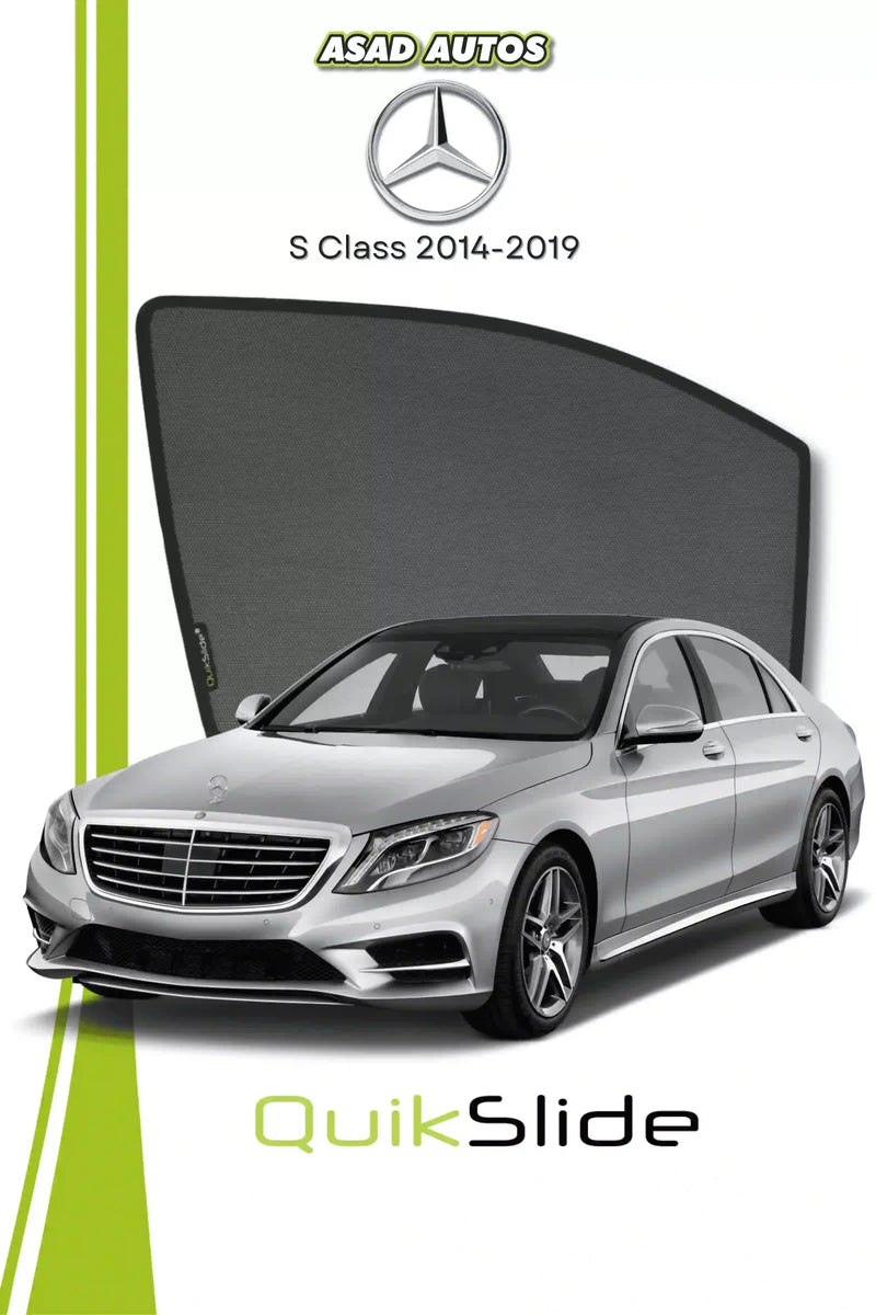 QS QuikSlide custom fit window sun shades installed on Mercedes S-Class 2014-2019 sedan side window