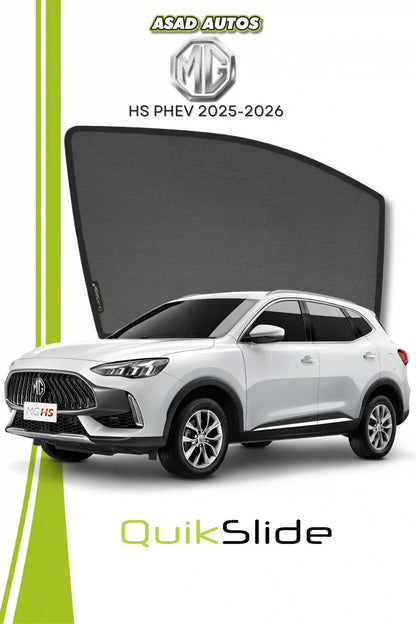 QS QuikSlide custom fit window sun shades installed on MG HS PHEV 2025-2026 side window