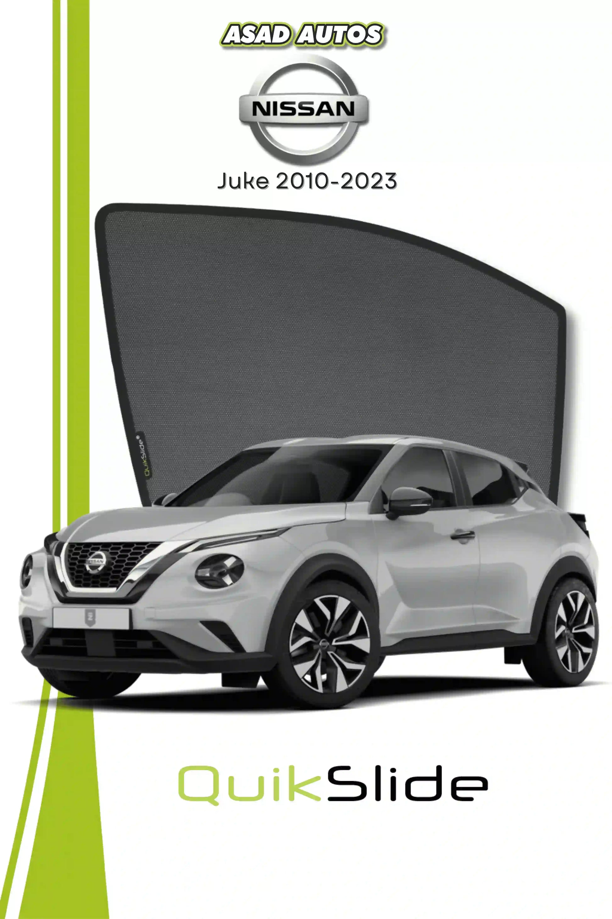 QS QuikSlide custom fit window sun shades installed on Nissan Juke 2010-2023 crossover side window