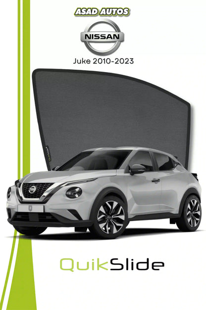 QS QuikSlide custom fit window sun shades installed on Nissan Juke 2010-2023 crossover side window