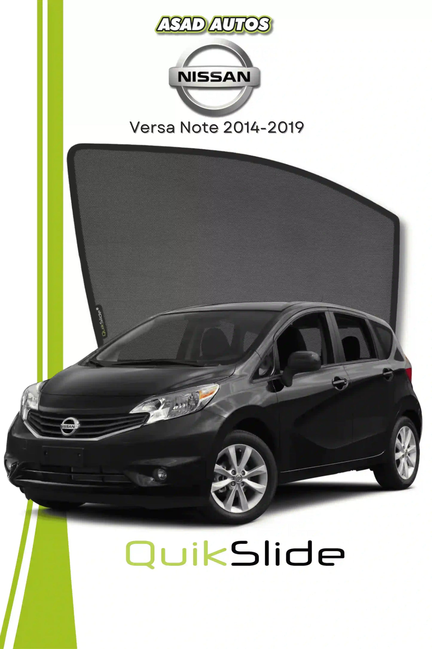 QS QuikSlide custom fit window sun shades installed on Nissan Versa Note 2014-2019 hatchback side window