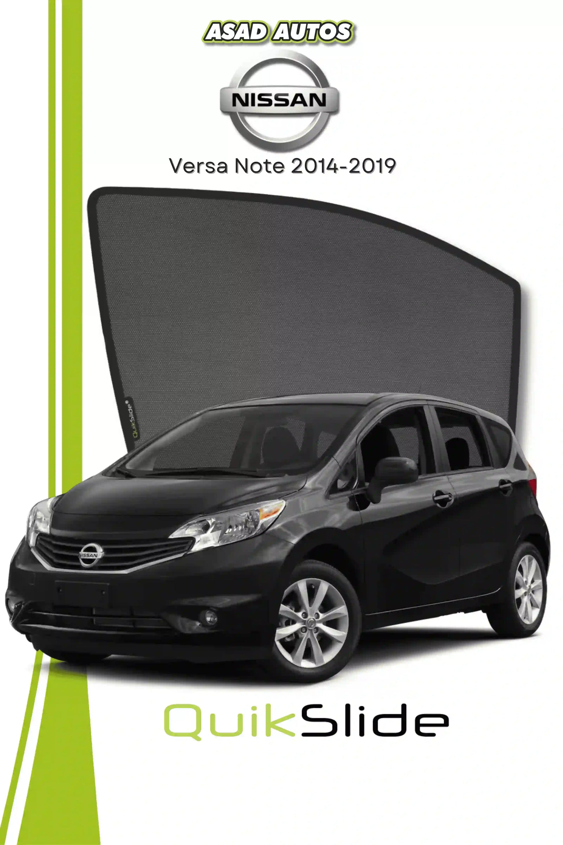 QS QuikSlide custom fit window sun shades installed on Nissan Versa Note 2014-2019 hatchback side window