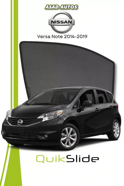 QS QuikSlide custom fit window sun shades installed on Nissan Versa Note 2014-2019 hatchback side window