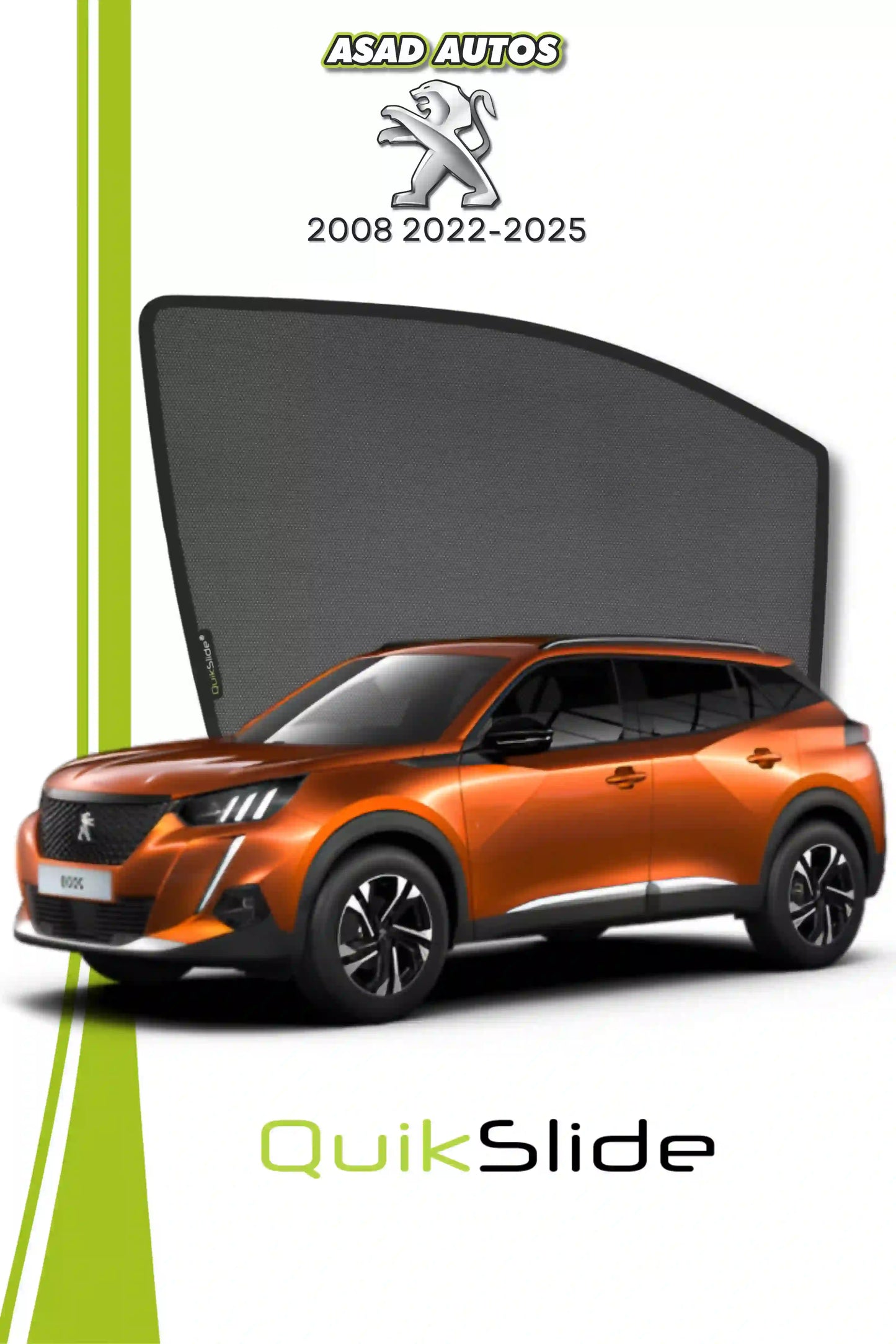 QS QuikSlide custom fit window sun shades installed on Peugeot 2008 2022-2026 crossover side window